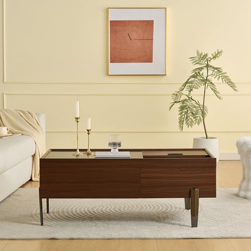 Easexcy Mesa de centro con cajones y tapa de cristal, diseño de madera marrón oscuro, grano de madera en efecto mármol, patas de metal y mucho espacio de almacenamiento para salón, 105 x 50 x 41,5 cm