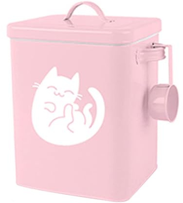 Metal Pet Food Storage Container Airtight Dog Cat Food Bin with Scoop Waterproof Rustproof Galvanised Iron Treat Box for Dry Kibble Keep Fresh for Kitchen Cupboard (Pink)