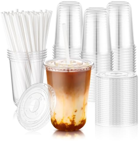 KesaPlan 50 Pack 450 ml (16 oz) Clear Plastic Cups with Lids ＆ White Paper Straws, Reusable Round-Bottom Takeaway Iced Coffee Cups for Slushies Milkshakes Smoothies Iced Lattes and Parties