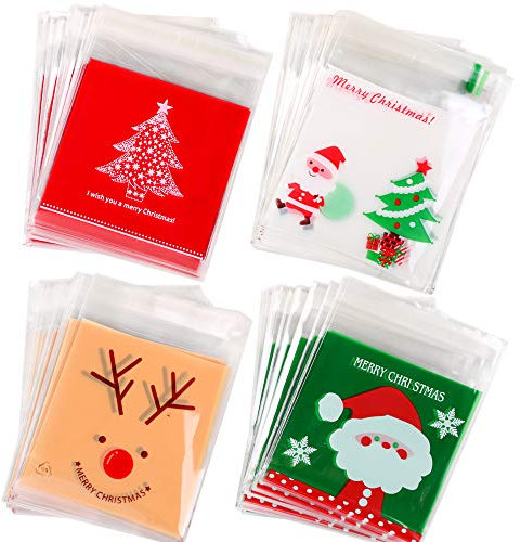 VINFUTUR 400 Pcs Weihnachtstüten Plastik Geschenktüten Weihnachten Partytüten Selbstklebend Keksetüten Transparent Süßigkeiten Taschen für Weihnachts Gastgeschenke Geburtstag Hochzeit