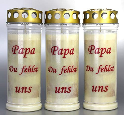 3 Stück Grablichter, Grabkerzen, 3er Set mit Spruch und Motiv Papa, Größe 21x7,5 cm - Brenndauer ca. 7 Tage je Grablicht – Elegante Gedenkkerzen, Trauerkerzen mit Spruch. (3928)