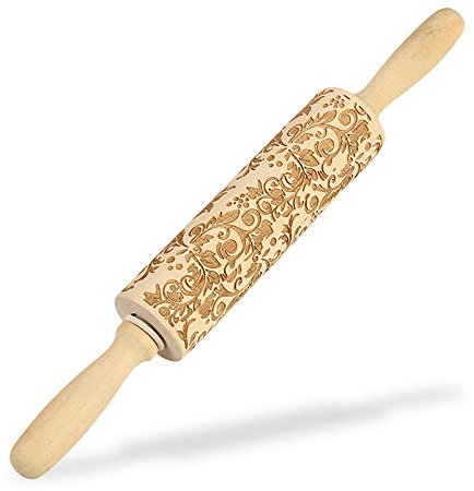 Elinala Mattarello Legno, Goffratura Mattarello, Mattarello da Forno in Legno con Motivo a Rilievo di Fiori con Incisione 3D Creativa per Realizzare Crepes, Pasta, Pizza