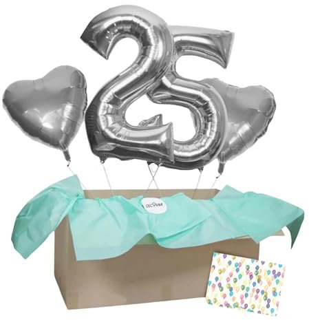 DECORAMI - celebrate happy times XXL Zahlen-Luftballon 10 bis 99 mit 2 Herzballons, Silber, individualisierbare Zahlenballons mit Helium gefüllt, 86cm, Heliumballons im Karton zum Geburtstag Jubiläum