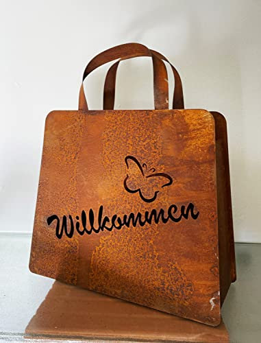 STEINFIGURENWELT GIEBEN Edelrost Große Handtasche 32x37cm Tasche zum Bepflanzen Willkommen mit Schmetterling Rost Pflanztasche Blumentopf Windlicht Edelrost Gartendeko