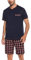Litherday Pigiama Uomo Estivo Cotone Due Pezzi Pigiama Corto Uomo con Maglia Girocollo Tinta Unita e Pantaloncini Scozzesi con Coulisse e Tasche, Blu Scuro, L