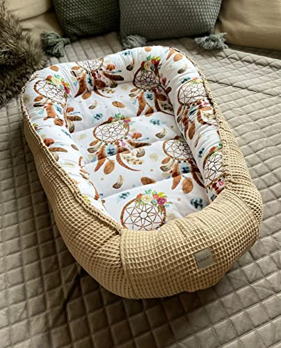 Traumfänger BOHO/Waffelpique TAUPE Babynest Babyaustattung Neugeborene Baby Unterlage Reisebett Nestchen SOLO/o. in Geschenk SETS (Nestchen SOLO)