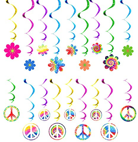 36 Stück 60er Jahre Hippie Thema Party Folien Wirbel Dekorationen, 60er Jahre Groovy Party Retro Blumen Ausschnitte Friedenszeichen Hängende Wirbel Decken Dekorationen