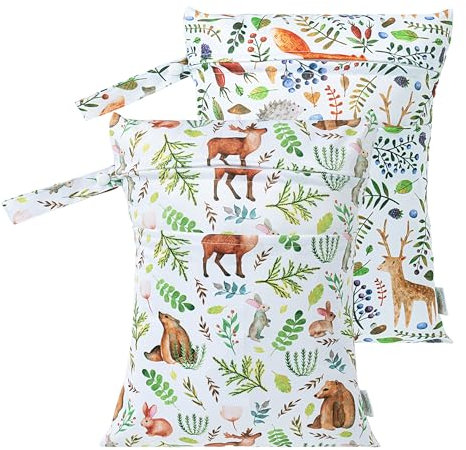 HBselect 2 Stück Nasstasche Wetbag Kindergarten wiederverwendbar Wet Dry Bag Windeltasche Nassbeutel Personalisiert for Baby Grüner Wald