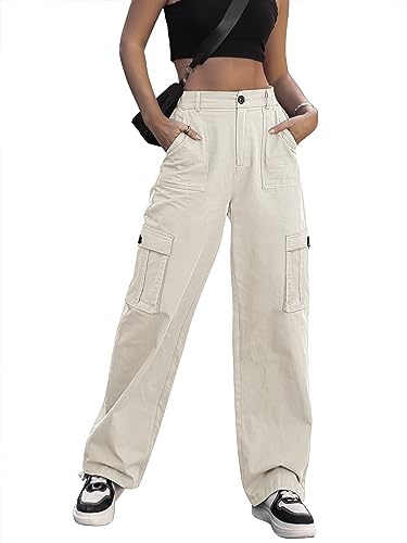 Dordanity Y2K Cargohose für Damen Baggy Hosen High Waist Wanderhose Baumwolle Arbeitshose mit Multi Taschen(Beige,XL)