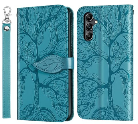 Rostsant Custodia per Samsung Galaxy A15 4G/5G Cover a Slot per Carte Portafoglio in Pelle PU Custodia a Libro Albero in Rilievo Cover Telefono per Samsung Galaxy A15 4G/5G Blu