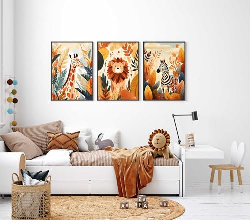 WANDKIND Kinderzimmer Poster Set Premium P798 / Safaritiere Dschungel orange Wandbild Babyzimmer (A4 - Rahmen/Frame Schwarz/Black)