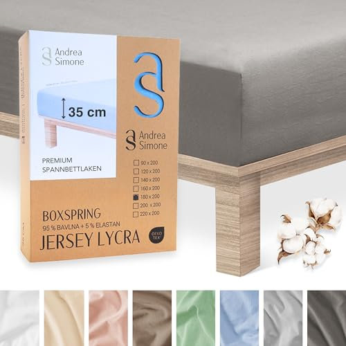 Andrea Simone Premium Spannbettlaken 200x220cm | Bettlaken 200x220 | Spannbetttücher auch für Boxspringbett, bis 35 cm, 95% Baumwolle + 5% Lycra, Grau Spannbetttuch, 185 g/m², Jersey 200 x 220
