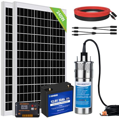 DCHOUSE Set di pompe dell'acqua a energia solare, 12V DC, pompa sommergibile con 2 pannelli solari mono da 120 W, batteria da 30Ah e controller da 20A, per fontane, stagno, casa, fattoria, acciaio