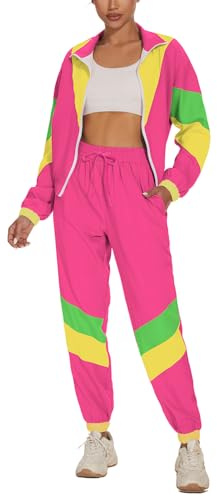 UOUA Frauen Farbe Block 2 Stück 80er 90er Outfits Langärmel Windbreaker Jacke Trainingsanzug Set
