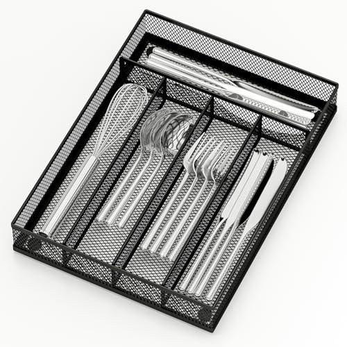 FERRIVISTA Metal Drawer Organizer Flatware Organizer for Drawer, 5 Compartment Drawer Divider for Cutlery, Office Stationery, K Cup Storage,Silverware Tray (Black) (9.3 x 12.6 )