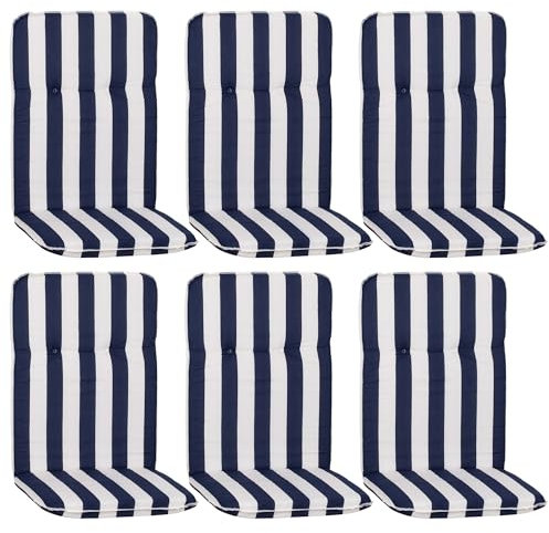 NYVI Hochlehner Auflagen Hawaii 6er Set - 114x47 cm Blau Weiß Gestreift - Gartenmöbel Auflage mit 5 cm Polster und Gummi-Halteband