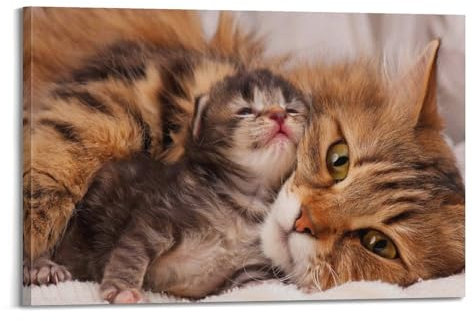XKUGA Mama Cat and Her Kitten Leinwand Poster Wanddeko Modern Schlafzimmer Wanddeko 50x75cm