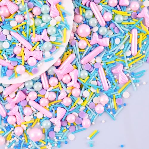 Lukinuo Meerjungfrau Essbare Sprinkles Perlen Süßigkeiten Ozean Sprinkle für Kuchen Dekorieren Kekse Backdekorationen Rosa Meerjungfrau Süßigkeiten Mischen Mermaid Party Kuchen 95g