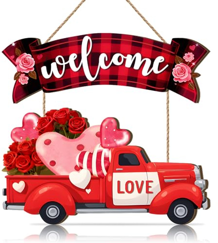 KAIRNE Valentines Red Truck Rose Welcome Front Door Hanging Decor Sign