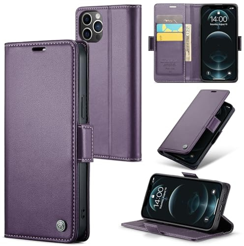 Idhiem for iPhone 12 Pro Max Flip Case, PU Leather Wallet Cover with RFID Blocking, Magnetic Closure Card Holder and Kickstand, Shockproof Protective Case- Purple