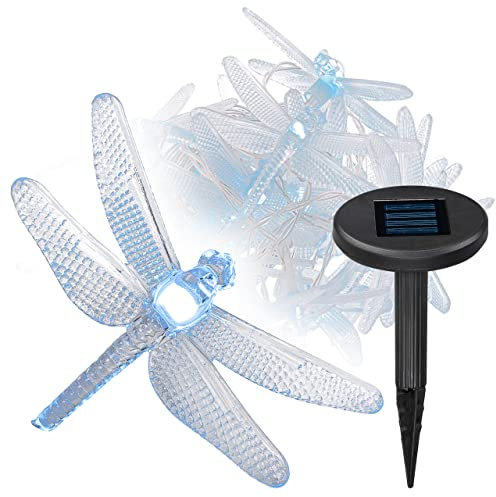 Nexos Trading Solar Lichterkette 24 LED Libellen Pavillonbeleuchtung weiß Kabel transparent 4,95 m Akku aufladbar wetterfest Außenbeleuchtung Schirm