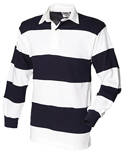 Front Row Mens Sewn Stripe Long Sleeve 100% Cotton Rugby Shirt Collar Neck Top