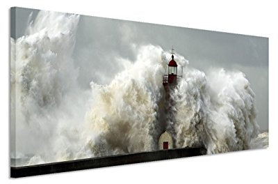 150x50cm Leinwandbild auf Keilrahmen Meer Welle Sturm Leuchtturm Wandbild auf Leinwand als Panorama