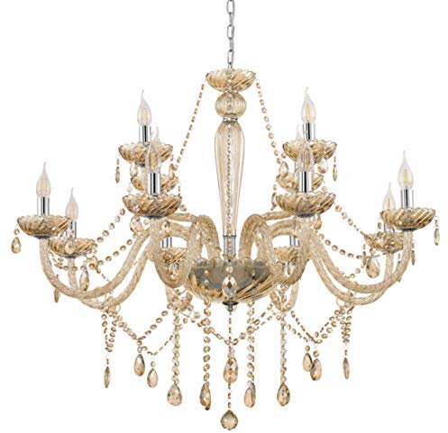 EGLO Pendelleuchte Basilano, 12 flammiger Kronleuchter Vintage, Shabby Chic, Hängelampe aus Stahl und Glas in Chrom, Cognac, Esstischlampe, Wohnzimmerlampe hängend mit E14 Fassung