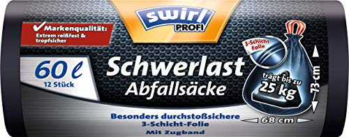 Swirl Profi Schwerlast-Abfallsäcke mit Zugband, 60 Liter, Reißfest, 12 Stück pro Rolle
