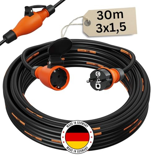 Verlängerungskabel 30 Meter IP54 Außen Verlängerung 30m Stromkabel Außenbereich Kabel Strom Verlaengerungskabel Gummikabel TITANEX 3x1,5 Schuko Outdoor Extension Cord