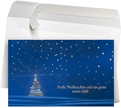 50 Premium Weihnachtskarten mit Umschlag Set für Firmen, hochwertige Klappkarten 19 x 12 cm groß, Sternenhimmel Weihnachtsbaum blau