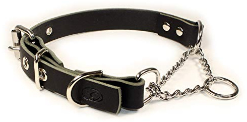 sleepy pup Verstellbare Martingal-Kette aus Leder, limitierter Slip, halbe Check-Kette, Trainingshundehalsband (L/XL: 50,8 - 61 cm, Schwarz)