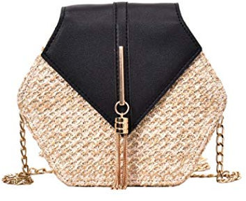 Runde Rattan Korbtasche Handgemachte Weave Schultertasche Sommer Strand Schultertasche Boho Stil mit Quaste Dekor, Schwarz , One size