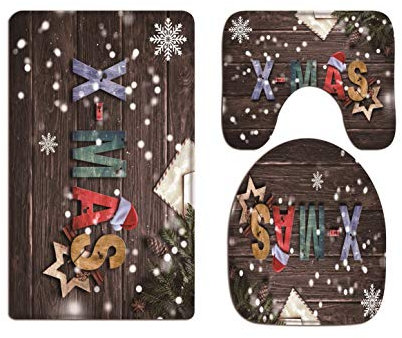 A.Monamour Badezimmer Badematte Alte Holzbohlen Boden Bunt Kiefer Zweig Weihnachten Buchstaben Schneeflocke Weihnachten Urlaub Flanell Saugfähig Badteppiche Badvorleger Badgarnitur Wc Vorleger