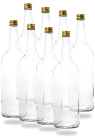 Lot de 8 bouteilles vides en verre de 1 l avec bouchon à vis doré PP28 - 1 l - Idéales comme bouteille d'eau en verre de 1 l, bouteilles de liqueur de 1 l, bouteilles de liqueur de 1 l ou bouteilles