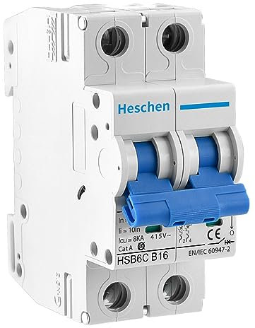Heschen Leitungsschutzschalter HSB6C, 16 Ampere Strom, 2-polig, Typ B, 6 kA Ausschaltleistung, DIN-Schienenmontage