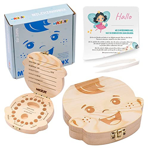 Magicat Premium Milchzahndose Jungen, Zahndose aus Holz, Dose zur Aufbewahrung von Milchzähnen, Baby Milchzähne Box als Geschenk zum Geburtstag oder Taufe, inkl. Pinzette und Zahnfee Geschichte
