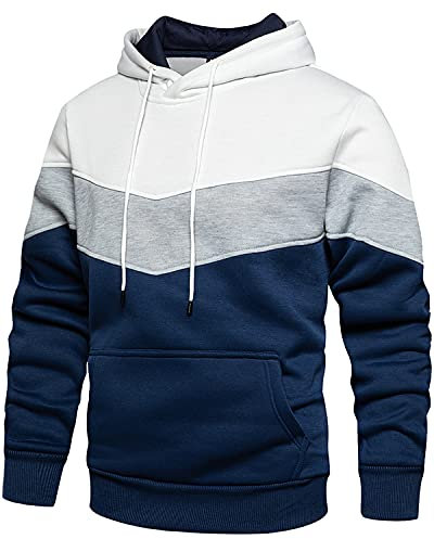 MANLUODANNI Herren Hoodie, Kapuzenpullover Men's Schlichter Fleece Pullover mit Kapuze Casual Sweatshirt Classic Farbabstimmung Patchwork Weiß Blau L