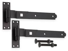 Infinity Decor Par de bisagras de puerta de hierro con manivela o rectas, resistentes, con gancho y banda, color negro epoxi (bisagras de manivela de 2 x 12 pulgadas)