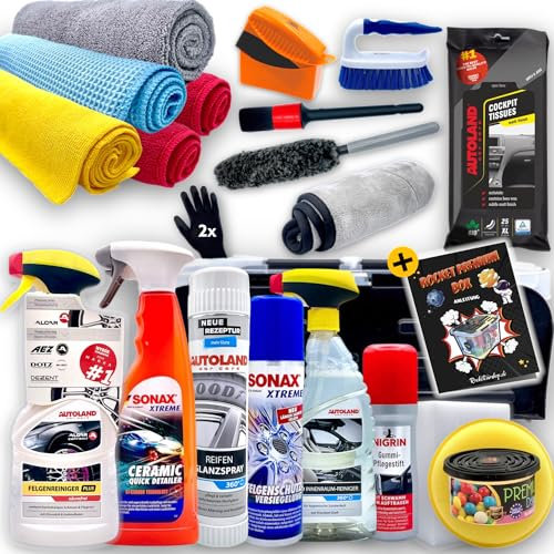 Rocket Premium Autopflege-Set: 30-teilig Rocket Detailing Bag - All-in-One Auto Reinigungsset für Innen & Außen - Komplettset inkl. Zubehör & Tasche