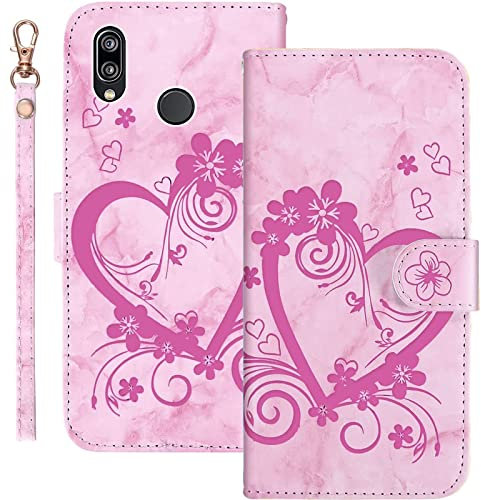 Bartern Handyhülle für Huawei P20 Lite Klappbar,Herz(Liebe)+ Blumen Huawei P20 Lite Hülle,PU Leder Wallet Schutzhülle Tasche Klapphülle mit Kartenfach Magnetverschluss Standfunktion,Rosa
