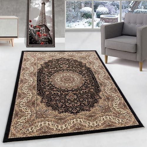 Orient Teppich Wohnzimmer Orientalisch Design Klassisch Optik Kurzflor Pflegeleicht, Farbe: Schwarz, Größe: 80 x 150 cm