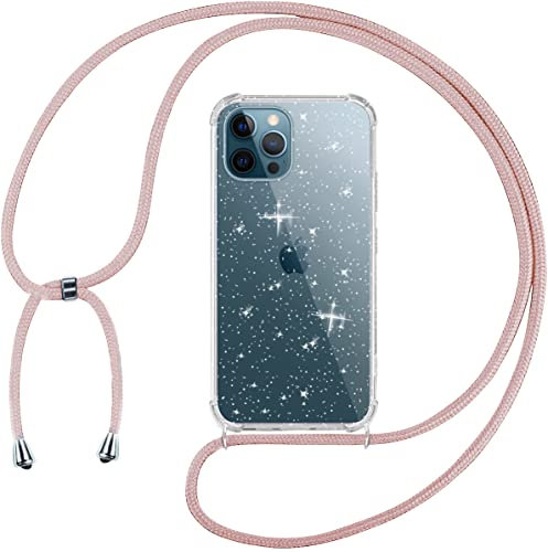 Tikgue Coque pour iPhone 12 Pro Max avec Cordon, Collier Coque Glitter Transparent Paillettes Etui TPU Bumper Silicone Case avec Chaîne Lanière Housse - Or Rose