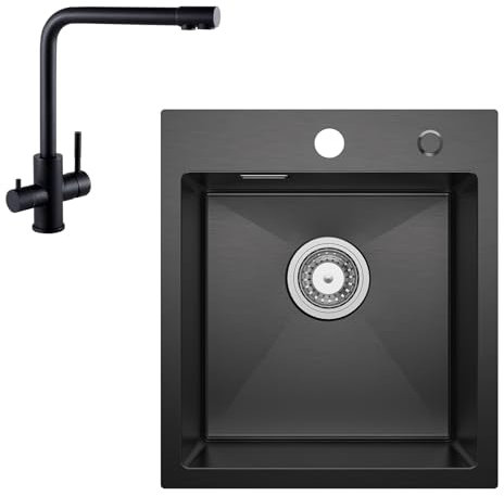Spülbecken Edelstahl 40 X 45CM Anthrazit + 3 Wege Wasserhahn Küche Schwarz, CECIPA Küchenspüle Komplettset Eckig Einbauspüle Klein Spüle für 40 cm Unterschrank