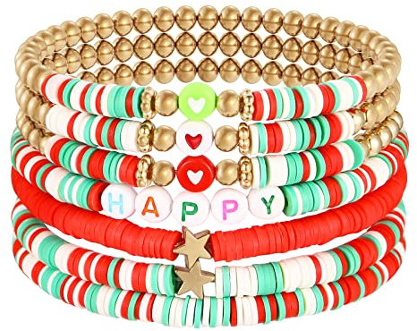 Emibele Heishi Surfer Armbänder Set, 7PSC Regenbogen Armbänder Ton Disc Perlen Polymer mit Happy Perlen Elastisches Seil Armband Set, Boho Perlen Armband Sommer Strand Armband für Frauen Mädchen
