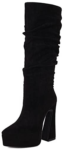 Vrupons Stivali al ginocchio da donna vintage con plateau con tacco alto per l'inverno, Nero , 37 EU
