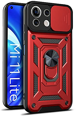 DESSEN Handyhülle für Xiaomi Mi 11 Lite 5G / 4G / 11 Lite 5G NE, Weiche TPU/PC Silikon Hülle und Objektiv Cover, Stoßfeste Schutzhülle mit 360 Grad Drehbarer Ringhalterung Case. Rot