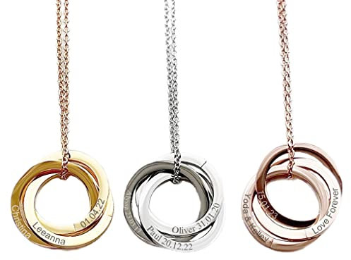 Engraved Linked Circle Necklace, Two Three Four Five Interlocking Circle Necklace, Engraved Childrens Name Necklace, Russian Ring Necklace, Triple Hollow Round Charm Necklace, Etched Ring Necklace