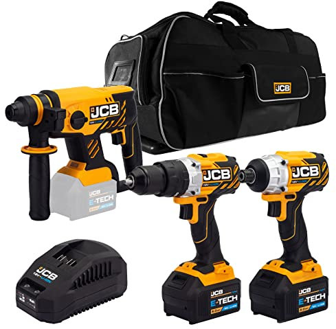 JCB 18V Brushless Cordless Combi Drill, Impact Driver & SDS Rotary Hammer Drill, 2X 5.0Ah Battery, Fast Charger, Variable Speed & LED Light, Belt Clip, 20+3 Position, Power Tool Case, 3 Year Warranty