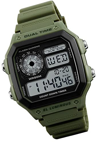 Tevimpeya Reloj deportivo digital para hombre, con retroiluminación, resistente al agua hasta 50 m, reloj de pulsera para exteriores, doble zona horaria, verde militar, Deportivo y moderno
